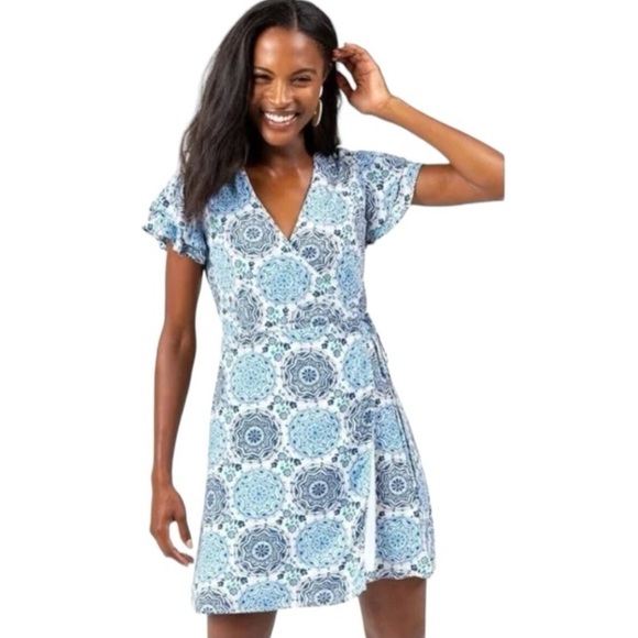 Harper Heritage Dresses & Skirts - Harper Heritage Floral Design Ruffle Cap Sleeve Wrap Dress Blue